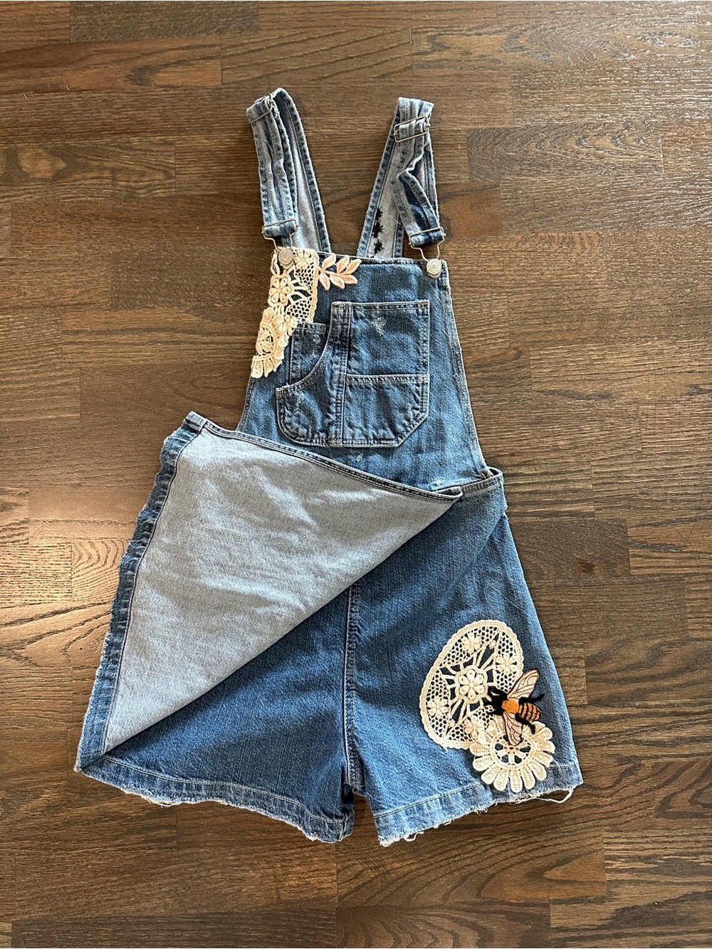 Zara Blue Denim Romper Skort Overalls with Crochet Bumble Bee Appliqués